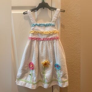 White Seersucker Girls' Floral Appliqué Sundress with Pastel Ruffle Trim